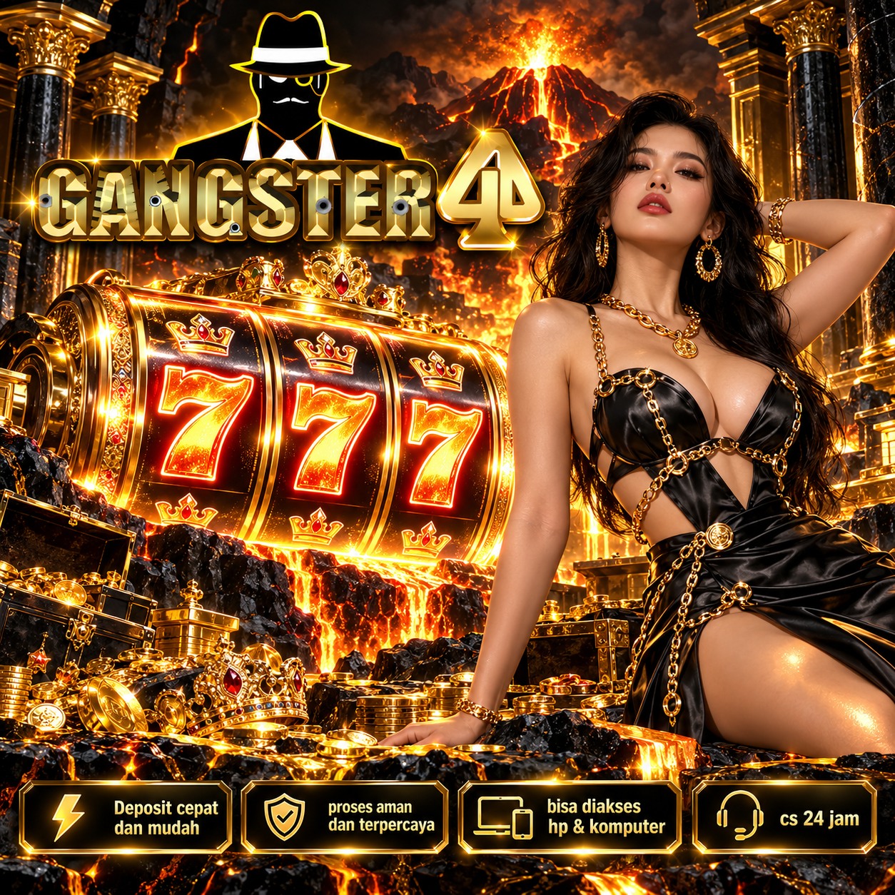 Poster GANGSTER4D menampilkan tiga tokoh fantasi dan desain emas menyala